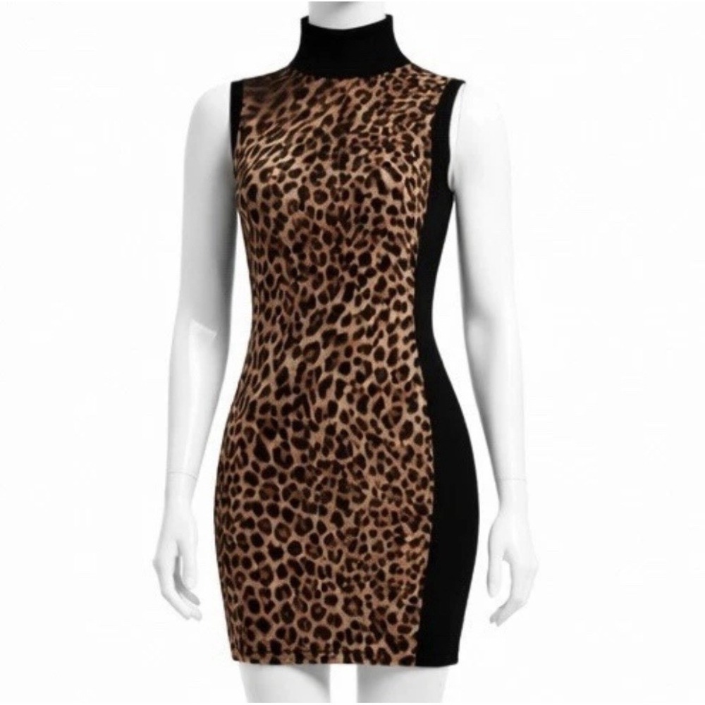 Ralph Lauren Leopard Print Dress Women's Medium M Bodycon Mock Turtleneck Silk